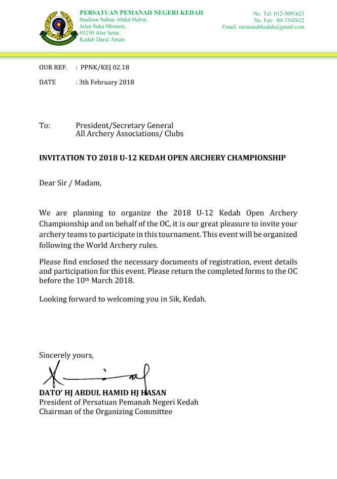 u-12 kedah open archery championship invitation letter